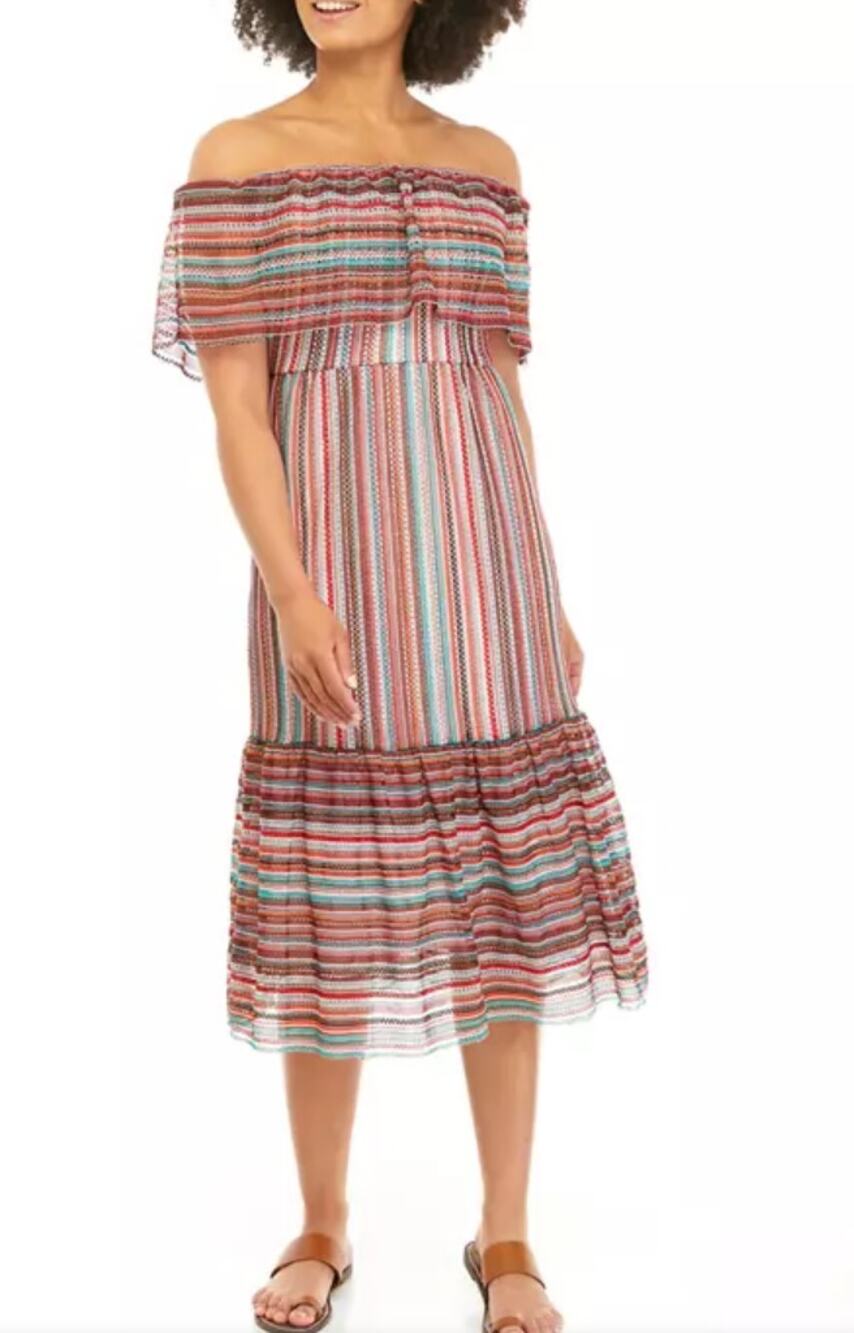 Sam Edelman Off Shoulder Stripe Hem Crochet Tiered Midi Dress Womens 8